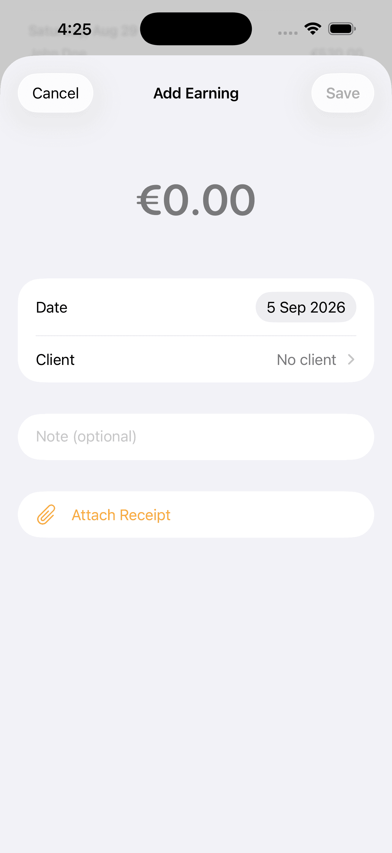 Tabtrac add-earning sheet with amount, date, client, note and attach-receipt fields