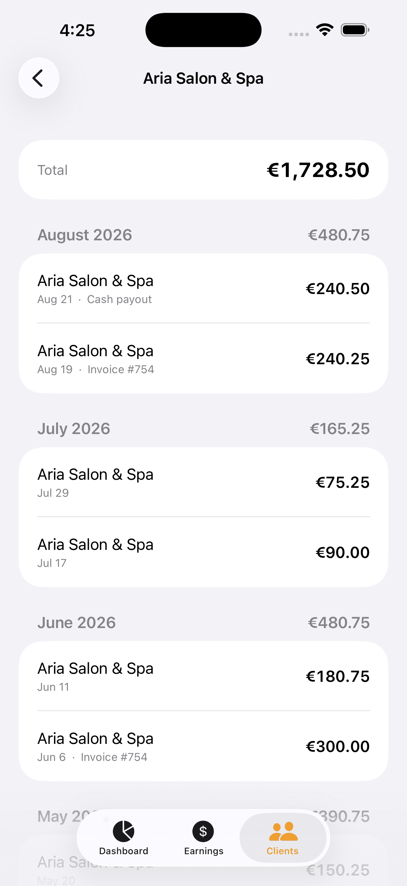 Tabtrac client detail view showing one client's payments grouped by month