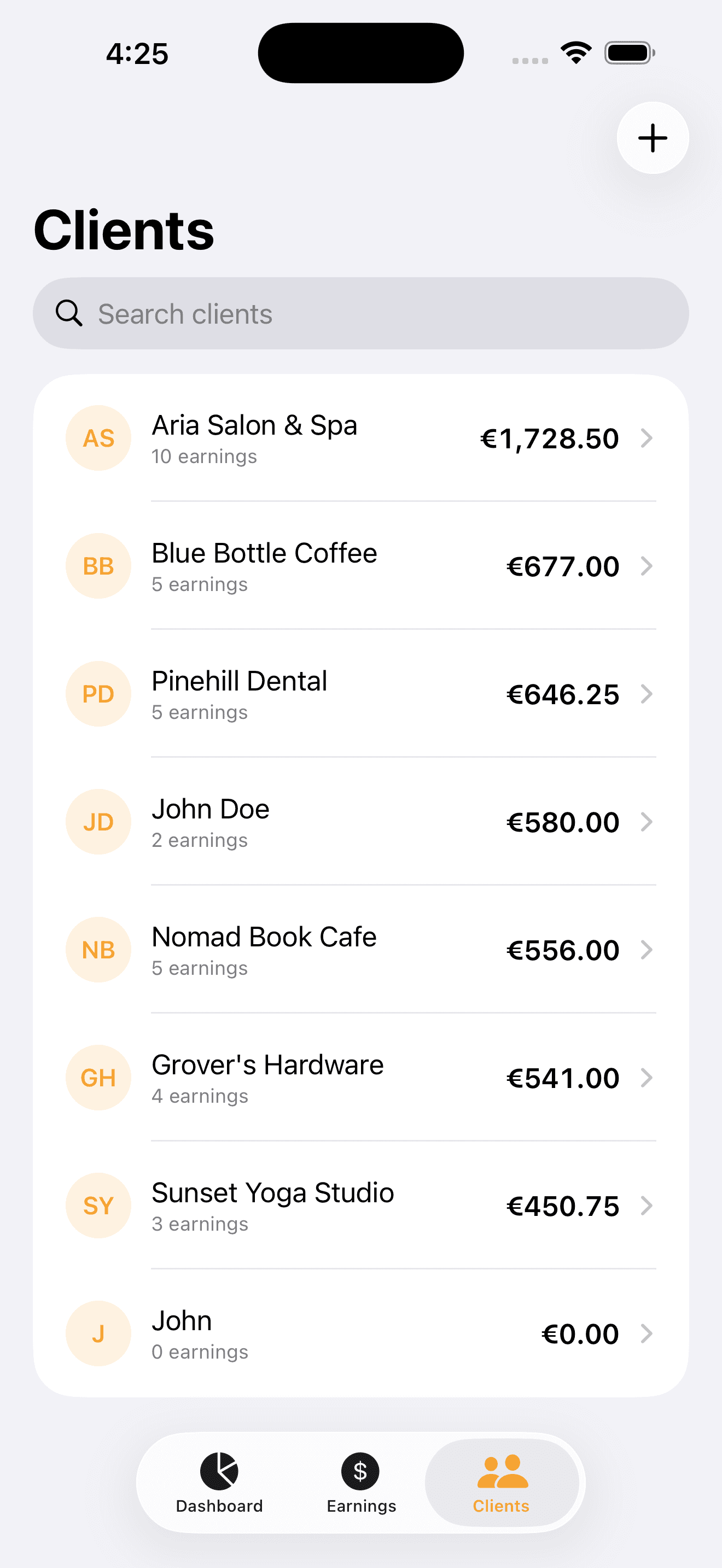 Tabtrac clients list with a lifetime total next to each client